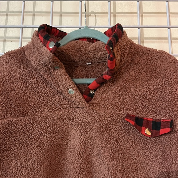 Dusty Rose Sherpa Pullover with Black & Red Plaid Trim - Picture 2 of 5